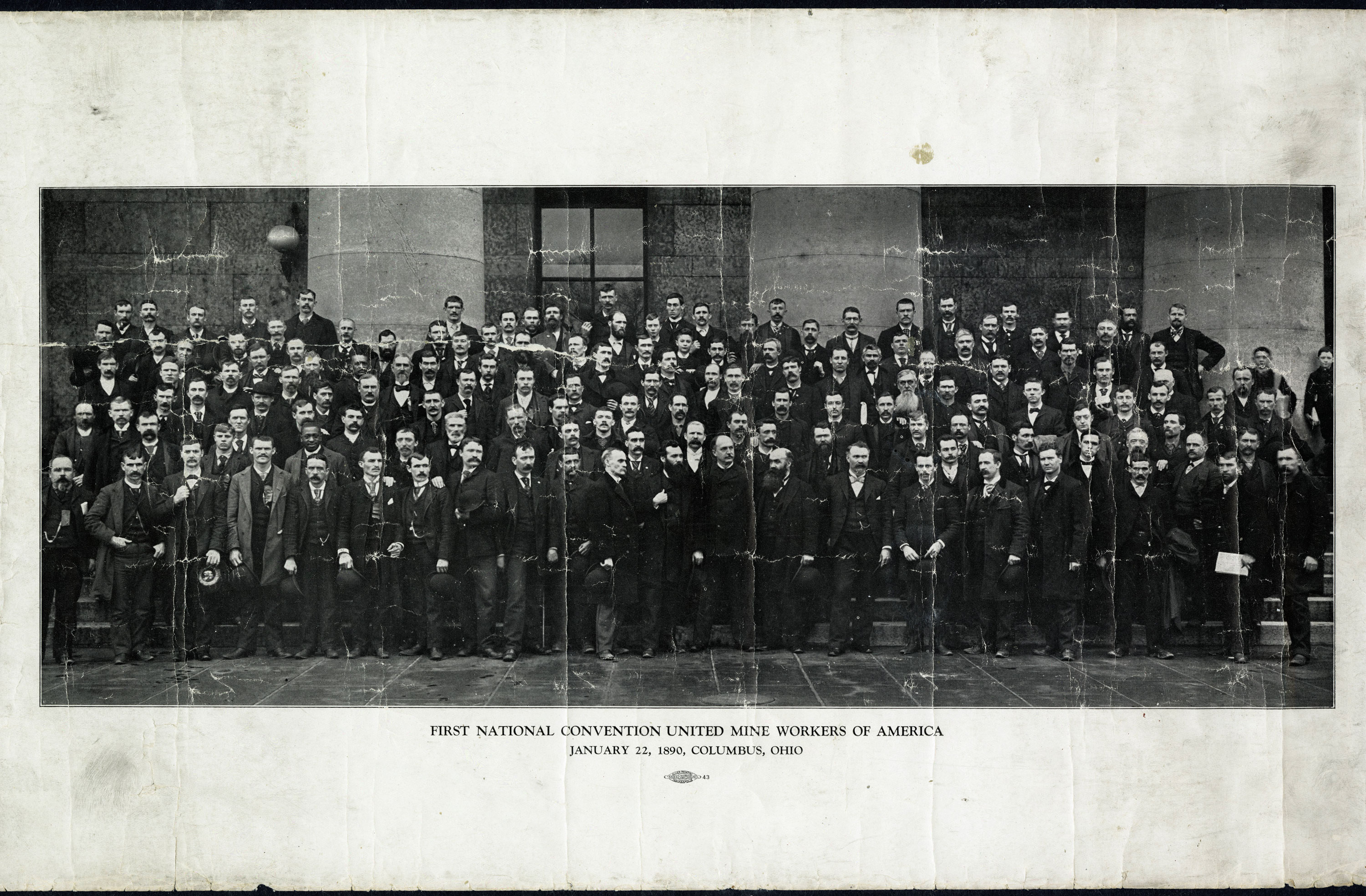 The United Mine Workers of America at the first national convention in 1890 in Columbus, Ohio.  (First national convention, United Mine Workers of America group panorama, 1890, United Mine workers of America, District 6 records, mss071, and Ohio University, Athens, Ohio)